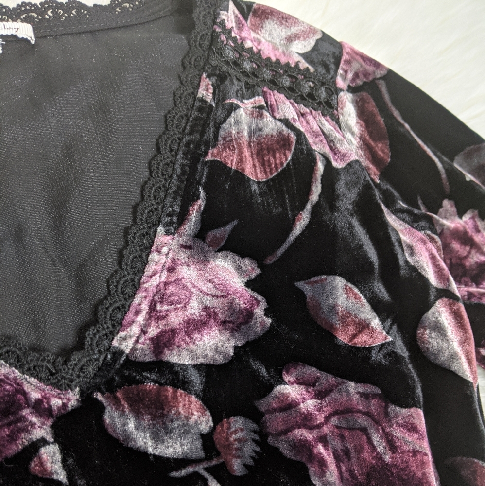 Willow & Clay Nordstrom Velvet Floral Blouse Women’s Small | Long Sleeve V-Neck - Picture 5 of 8